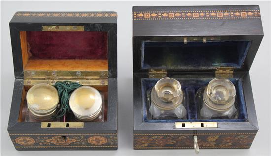 Two Tunbridge ware coromandel perspective cube and geometric mosaic ink bottle boxes, probably Barton, 4.5in.